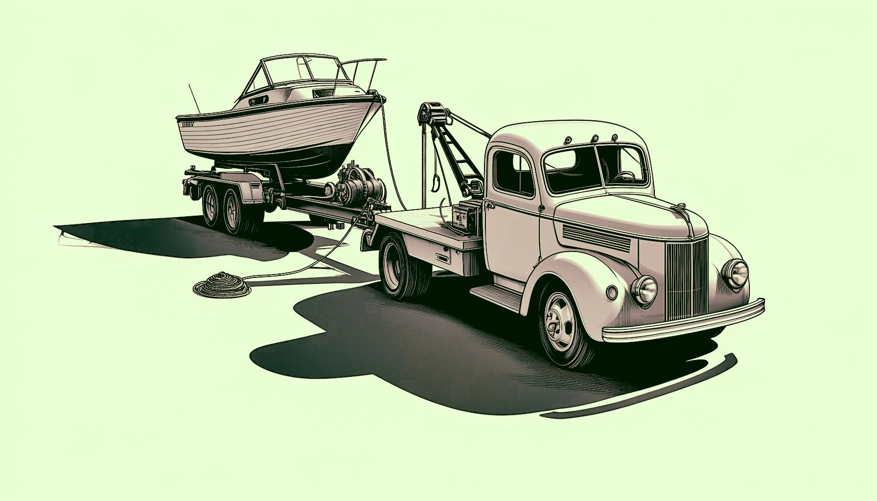 A boom truck towing a motorboat attached on a trailer